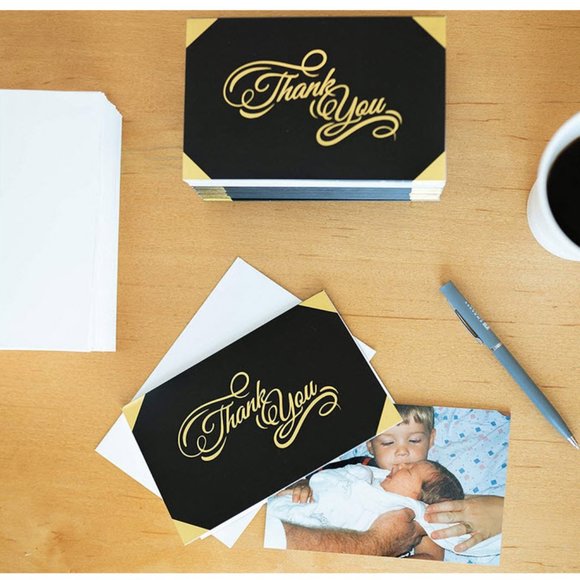 100 Thank You Cards Black, white with gold foil & gold foil sticker seals - Picture 4 of 8